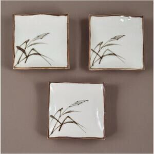 Vintage MCI Japan Sushi Plates (3) White Brown Design MCM 4.5” Asian Pottery